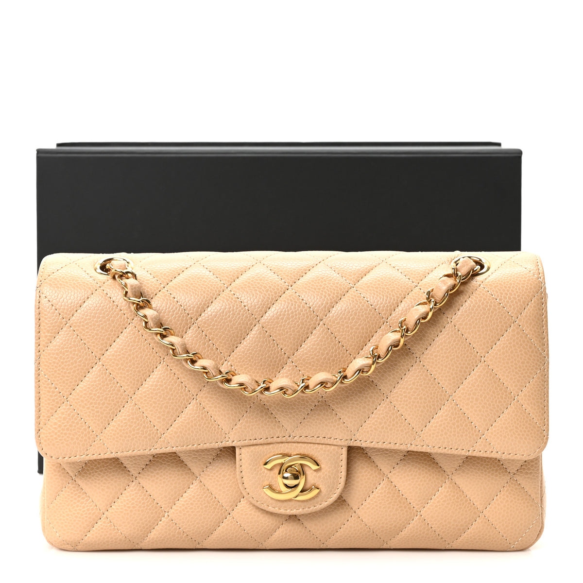 Caviar Quilted Medium Double Flap Beige