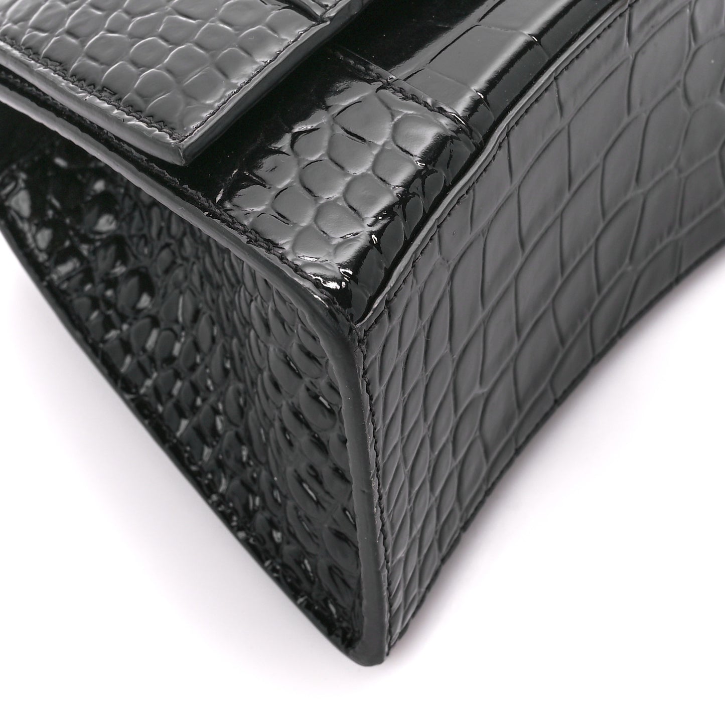 Shiny Calfskin Crocodile Embossed Small Hourglass Top Handle Bag Black