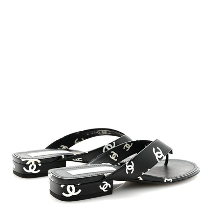 Chanel Lambskin Printed CC Thong Sandals 38.5 Black White 5 of 10