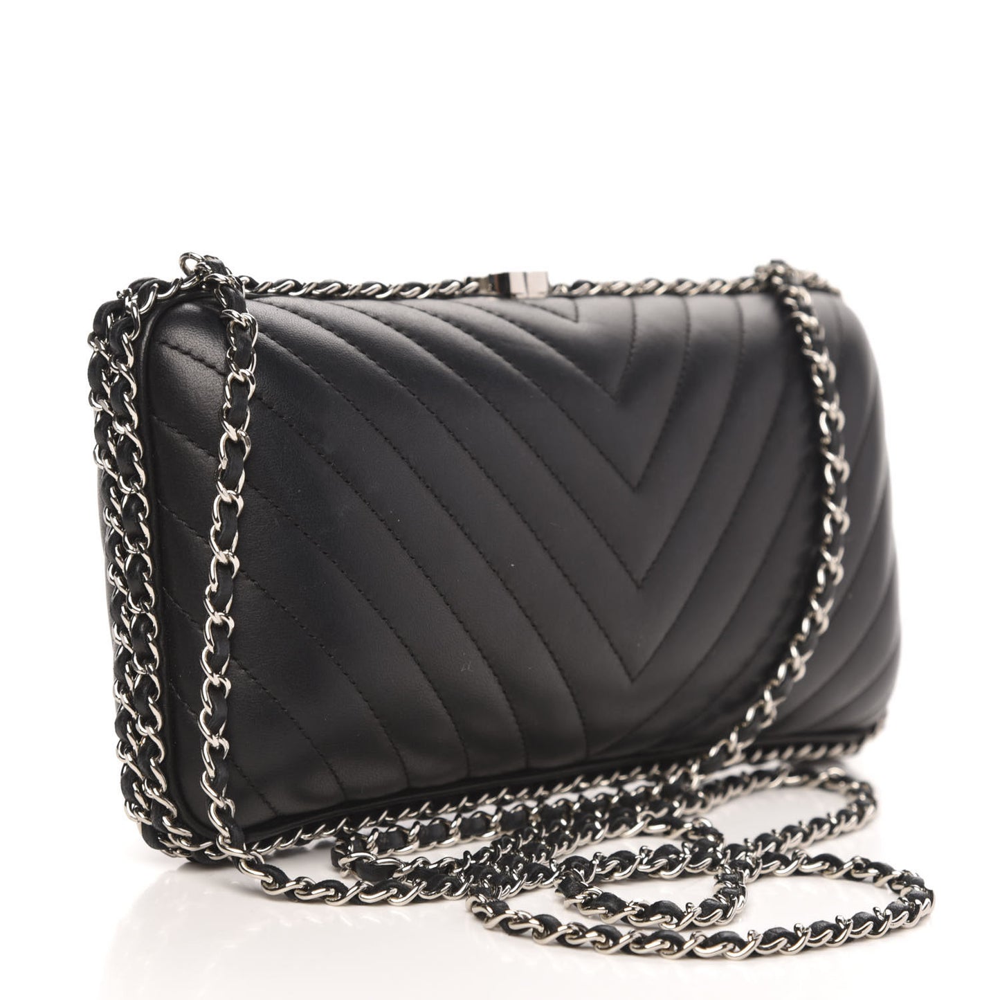 Lambskin Chevron Quilted Chain Around Clutch Black