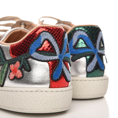 Gucci Metallic Calfskin Floral Embroidered Ace Sneakers 38 Silver 10 of 11