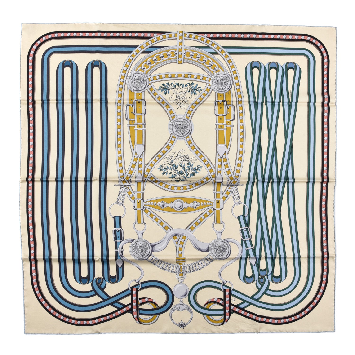 Hermes Silk Twill Grand Tralala 90 Creme Bleu Moutard 1 of 6