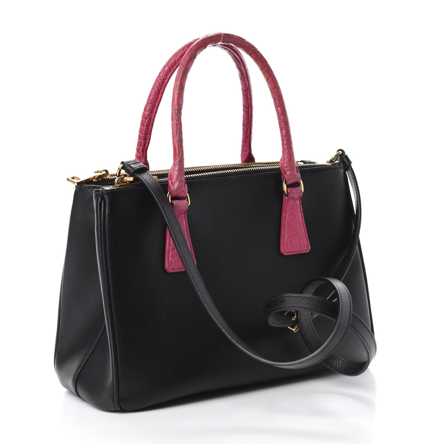 Prada Saffiano Crocodile Small Galleria Double Zip Tote Black 4 of 11