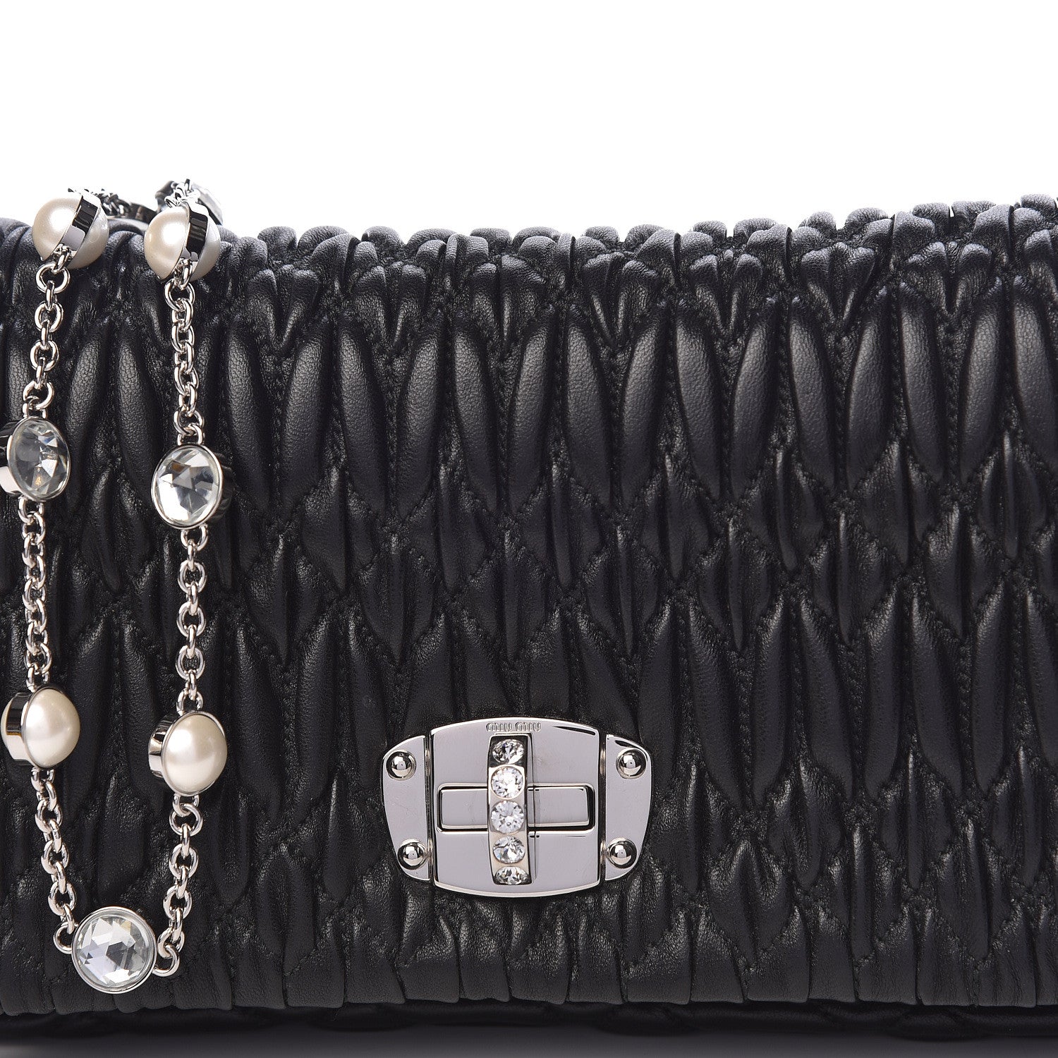 Miu Miu Nappa Matelasse Crystal Pearl Flap Clutch Black 8 of 10