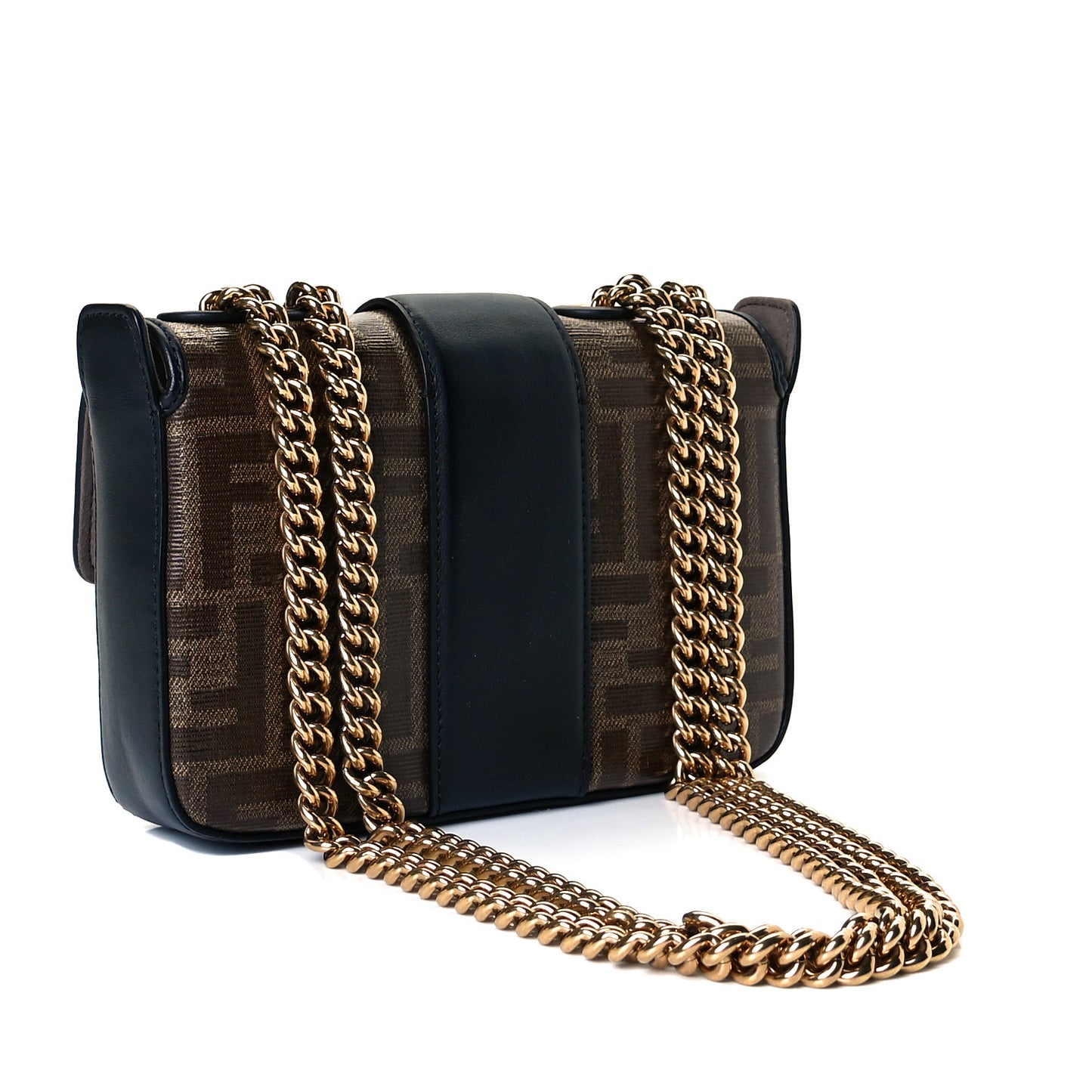 Glazed Fabric Vitello Century FF 1974 Stamp Patch Mini Double F Crossbody Bag Mogano Panna Black