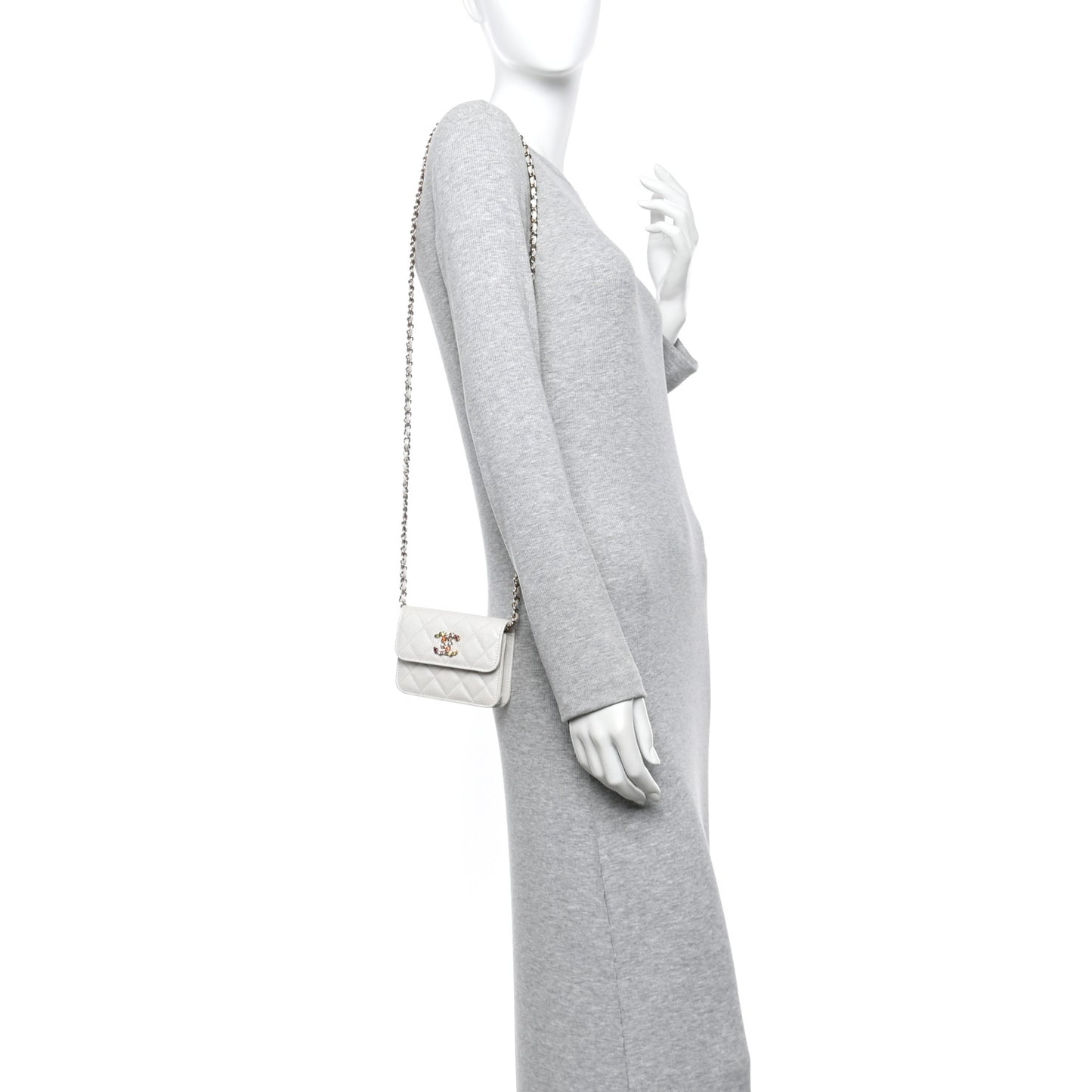 Caviar Quilted Crystal CC Clutch With Chain White