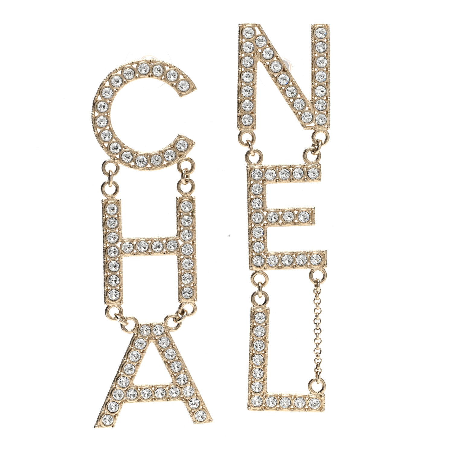 Chanel Crystal Cha-Nel Logo Drop Earrings Gold 1 of 5