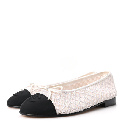 Chanel Mesh Crochet Grosgrain Cap Toe Ballerina Flats 36 White Black 4 of 9