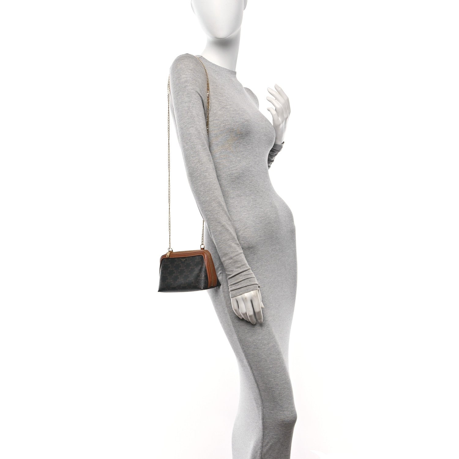 Celine Triomphe Canvas Lambskin Clutch On Chain Tan 2 of 10