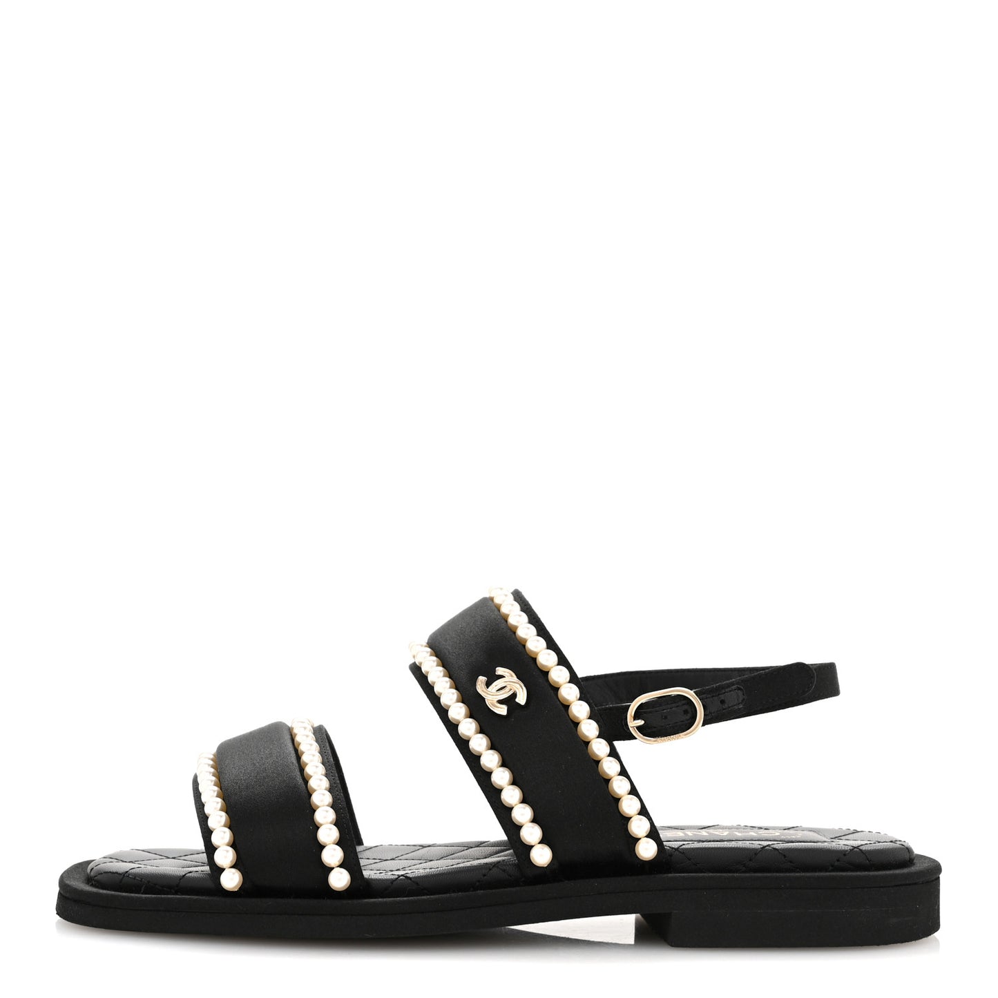 Satin Pearl Quilted Flat Sandals 36.5 Black