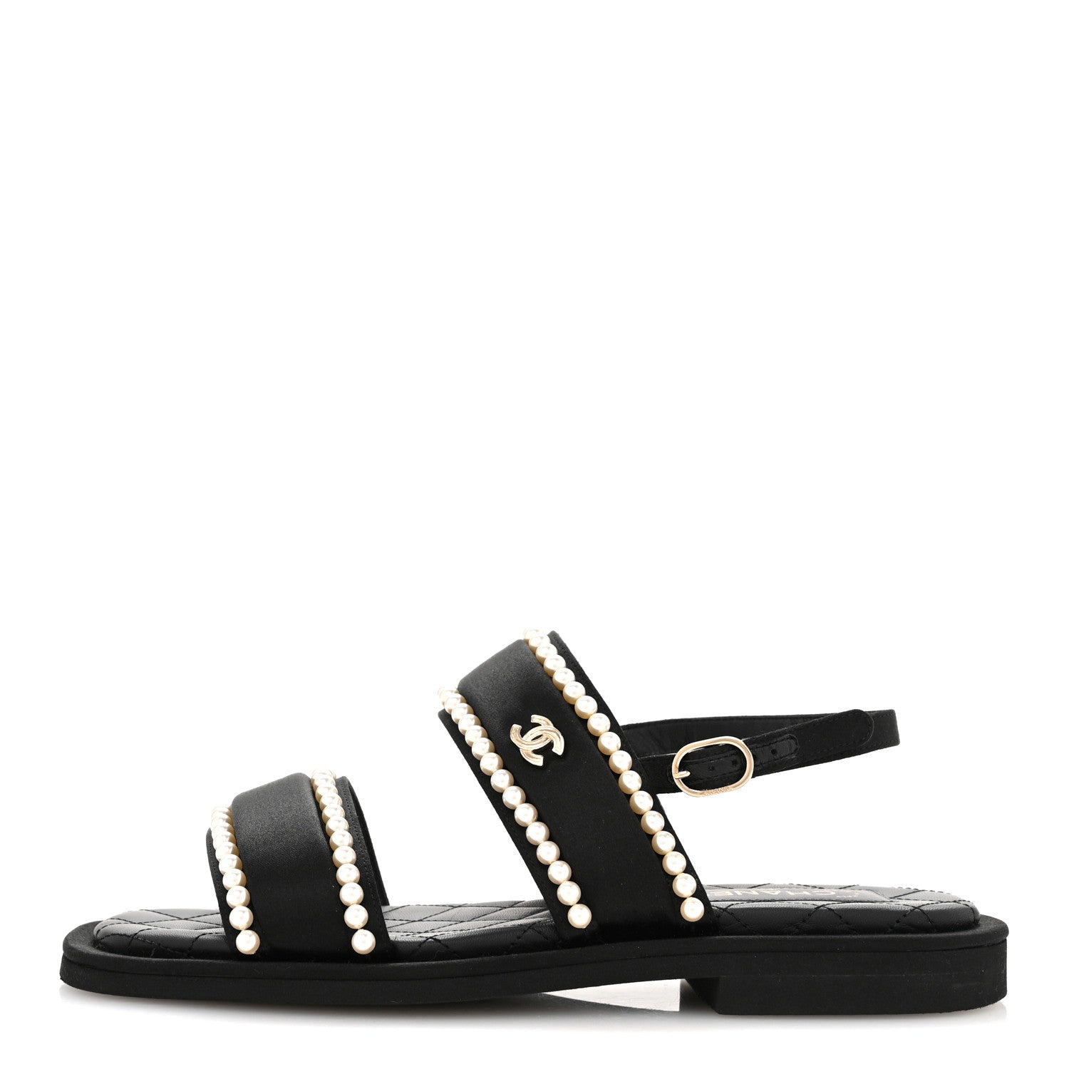 Chanel Satin Pearl Quilted Flat Sandals 36.5 Black 1 of 9