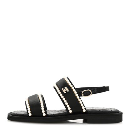 Chanel Satin Pearl Quilted Flat Sandals 36.5 Black 1 of 9