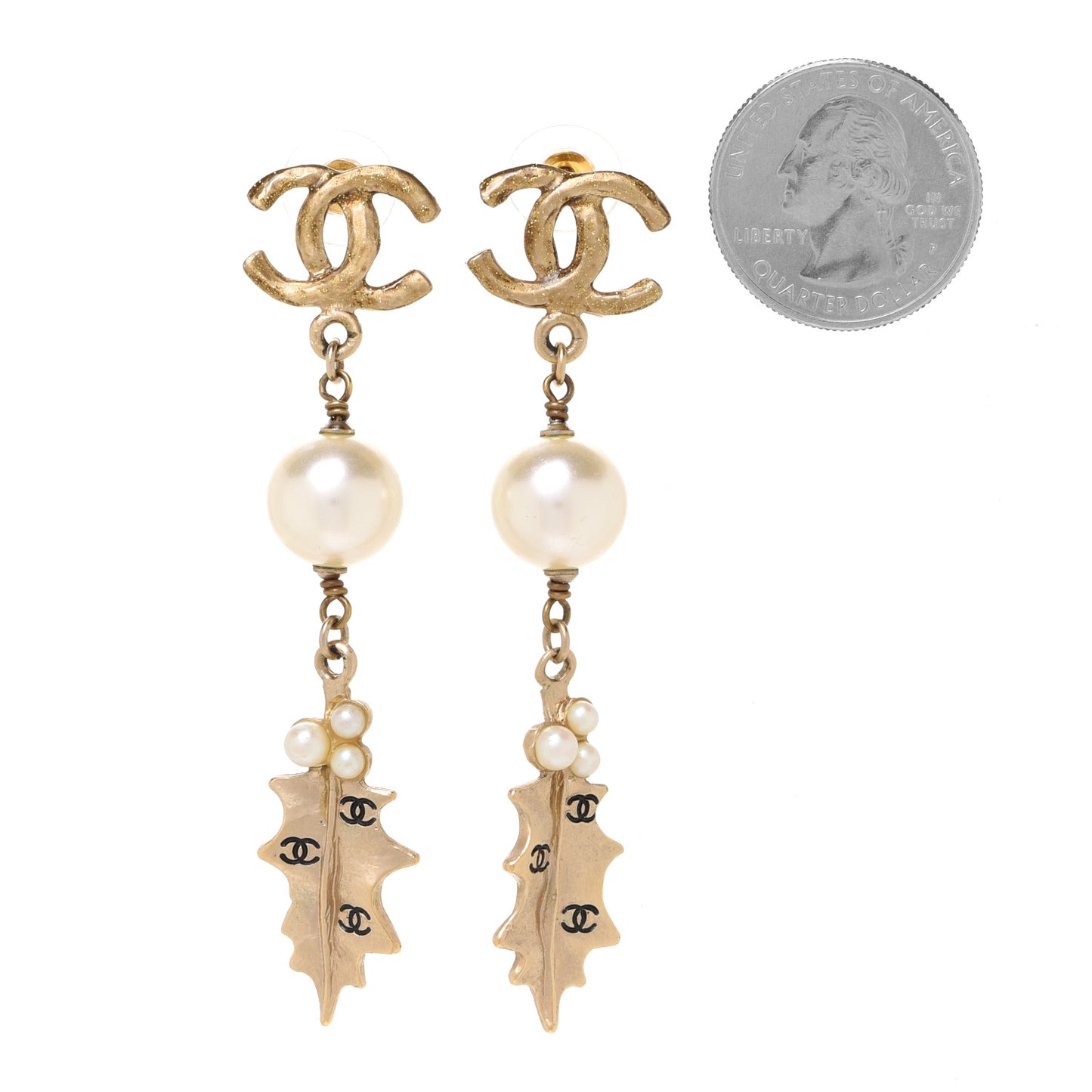 Pearl CC Drop Leaf Earrings Gold