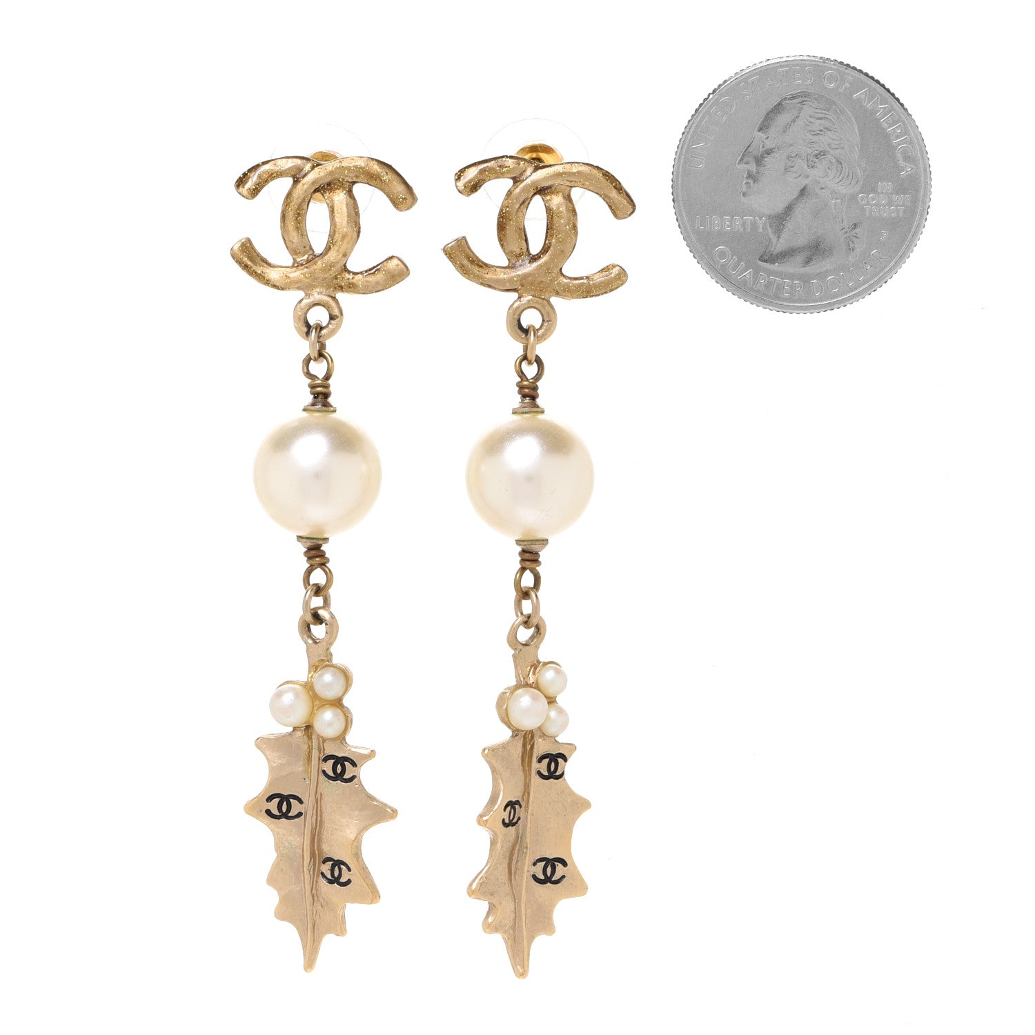 Chanel Pearl CC Drop Leaf Earrings Gold 2 of 4
