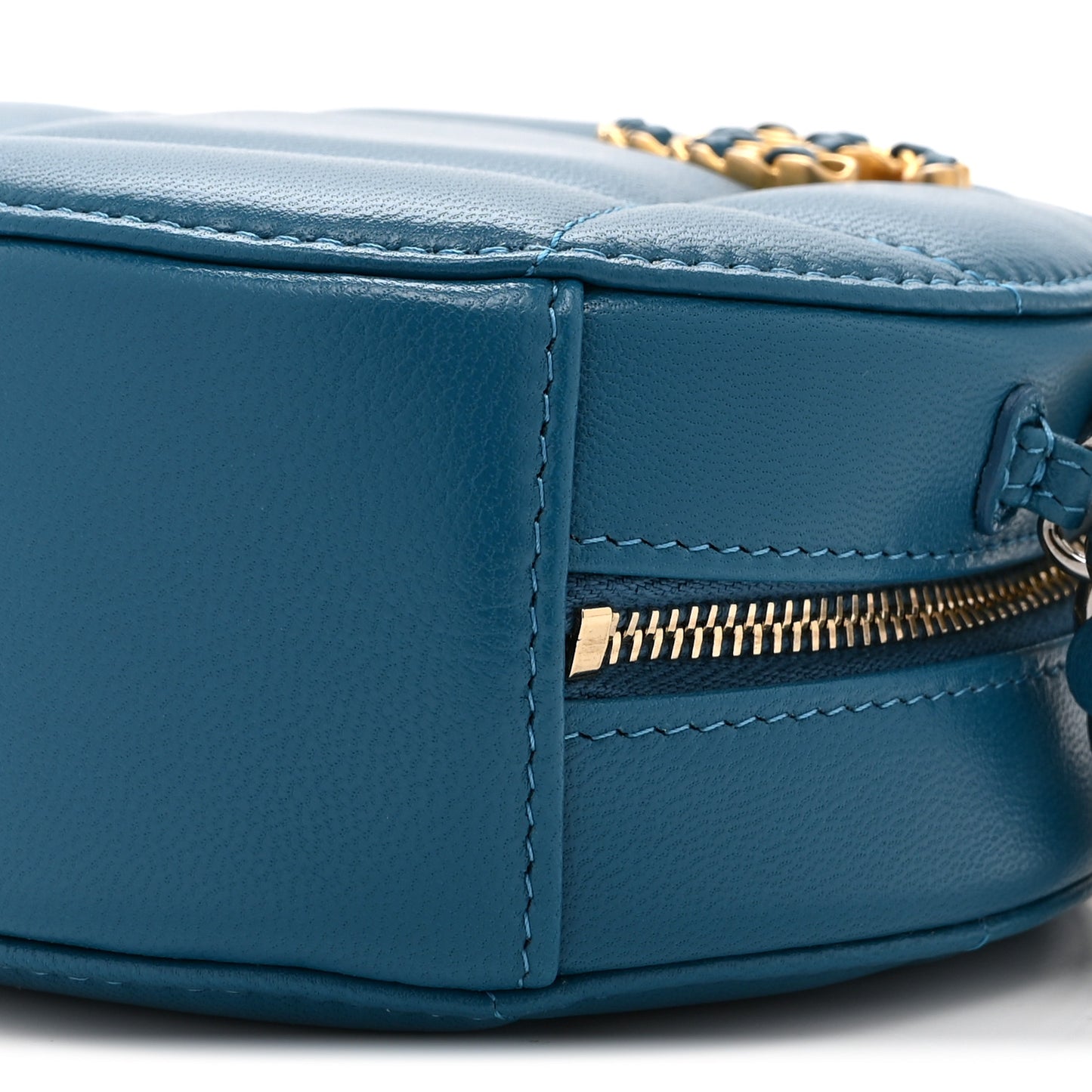 Goatskin Quilted Chanel 19 Round Clutch With Chain Blue