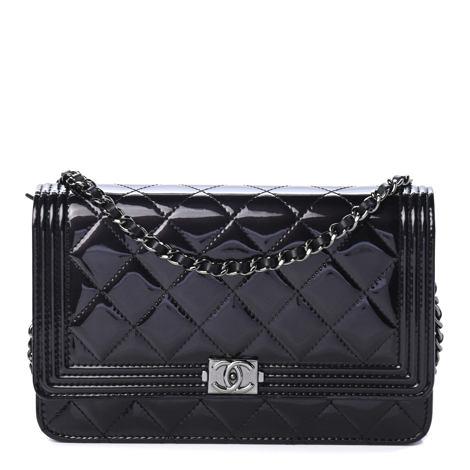Chanel Patent Calfskin Quilted Boy Wallet On Chain WOC Black 1 of 4