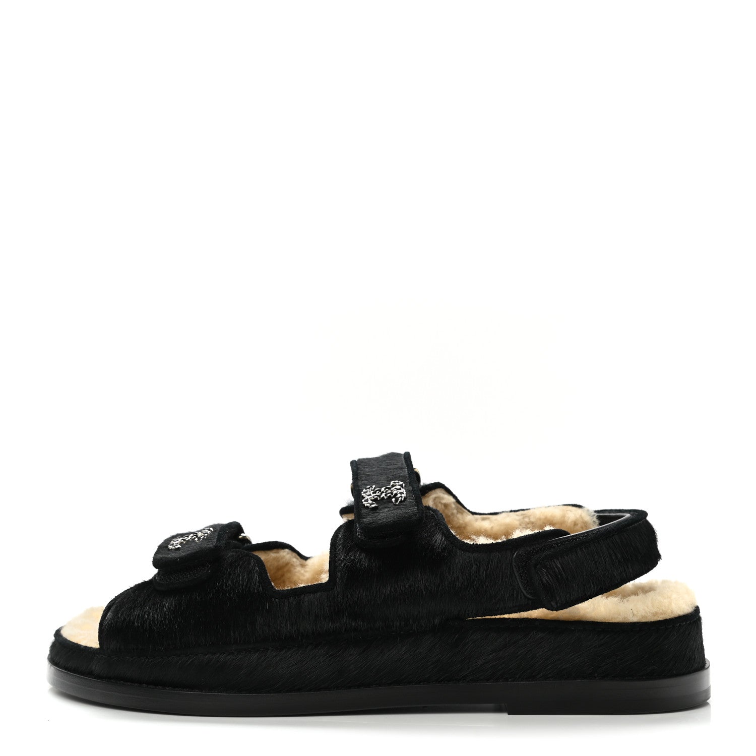 Chanel Calfskin Hair Suede Shearling Dad Sandals 39 Black 1 of 9