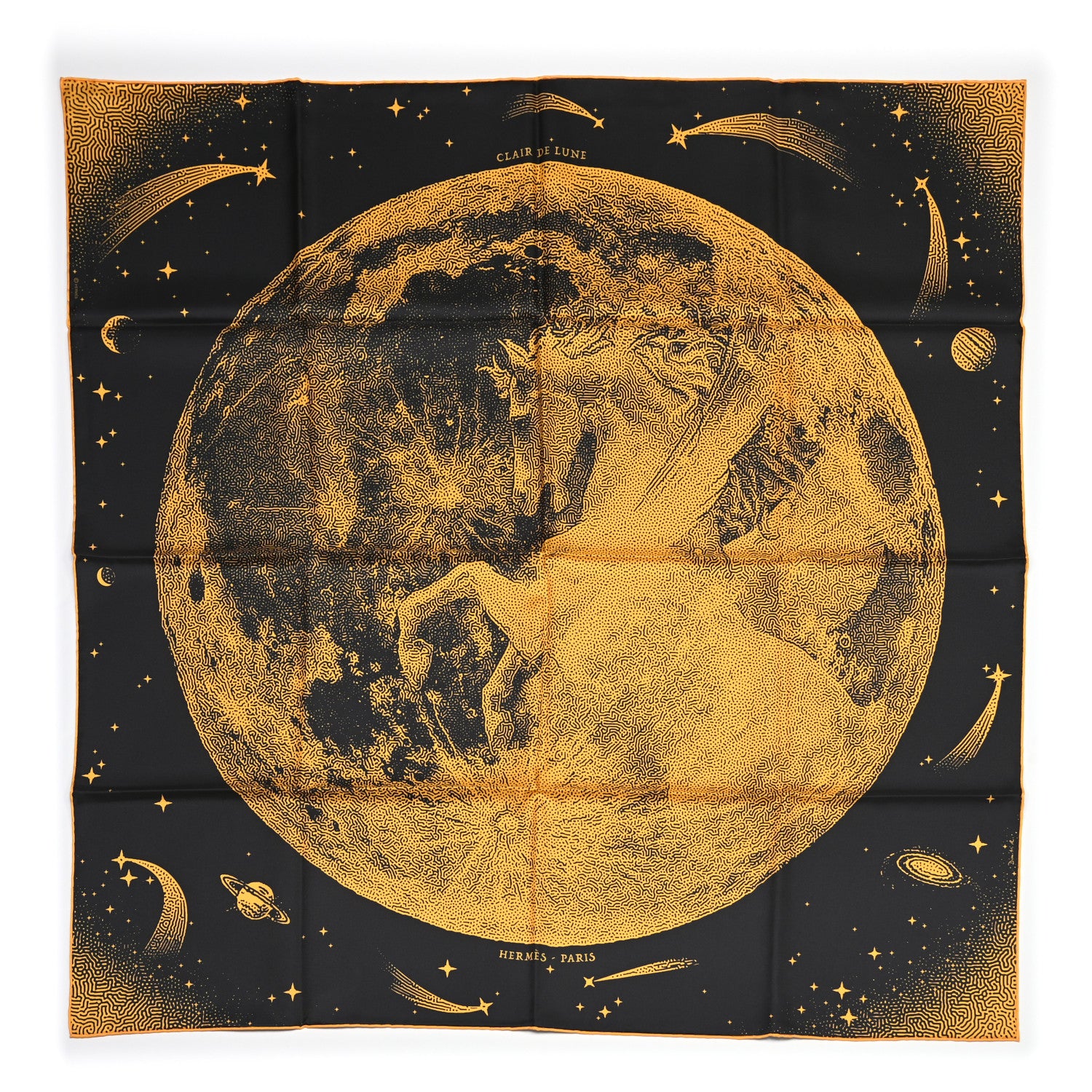 Hermes Silk Clair De Lune Double Face Scarf 90 Black Jaune D'Or Bleu 1 of 6
