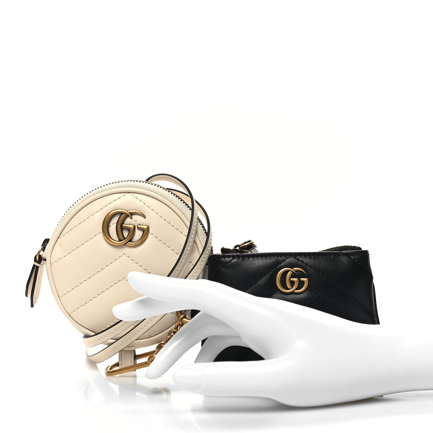 Gucci Calfskin Matelasse GG Marmont Round Coin Purse And Key Case White Black 2 of 11