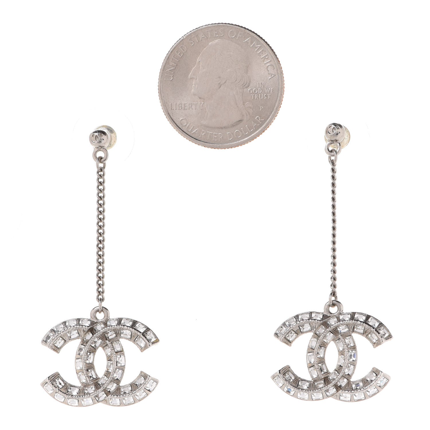 Chanel Baguette Crystal CC Drop Earrings Silver 2 of 5