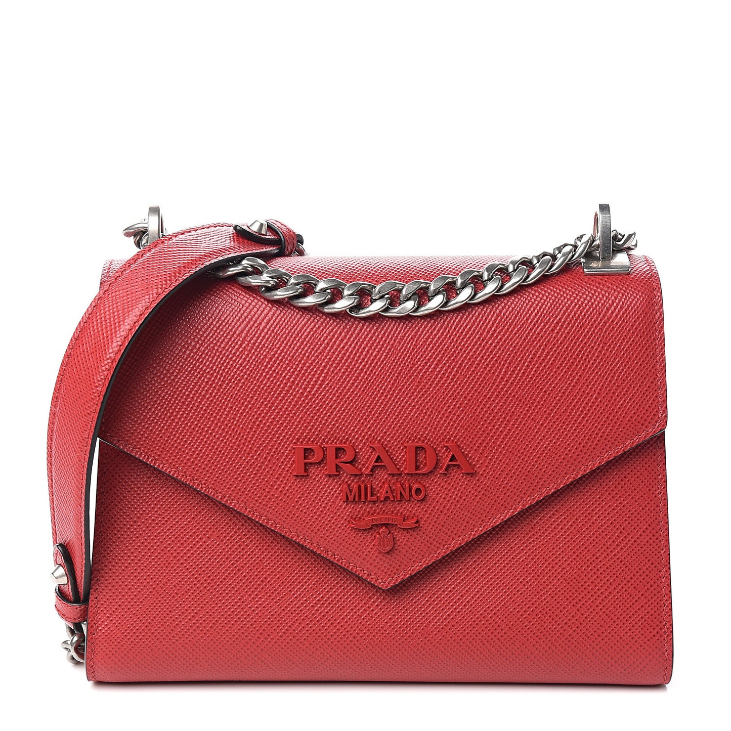 Saffiano Cuir Calfskin Monochrome Envelope Flap Chain Shoulder Bag Fuoco