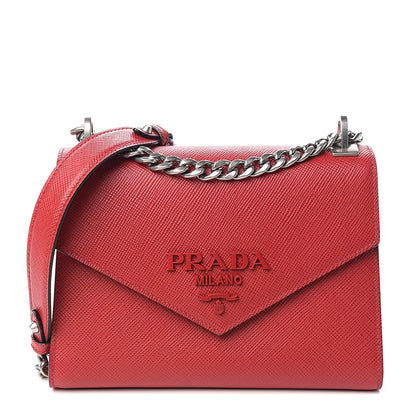 Prada Saffiano Cuir Calfskin Monochrome Envelope Flap Chain Shoulder Bag Fuoco 1 of 8