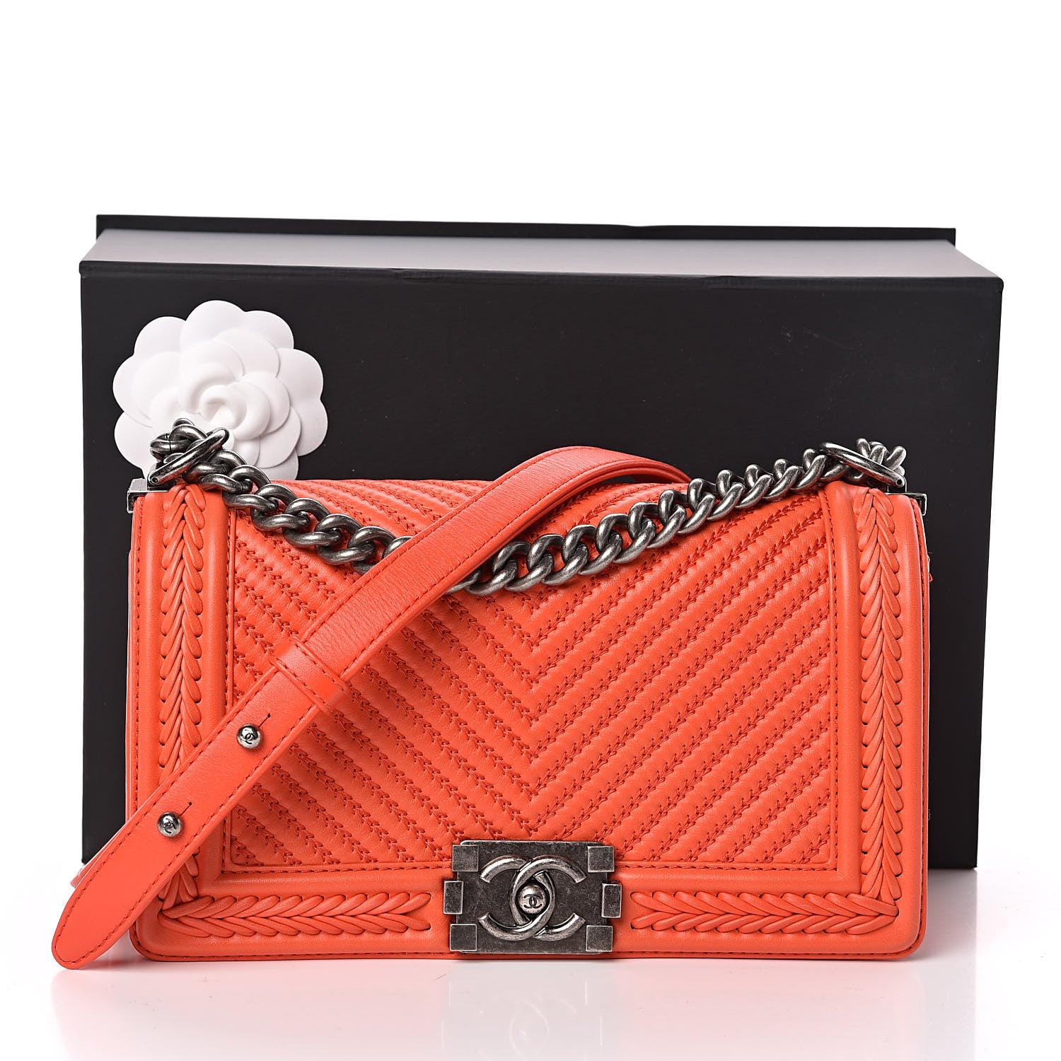 Chanel Calfskin Chevron Quilted Medium Braided Boy Flap Orange 11 of 11