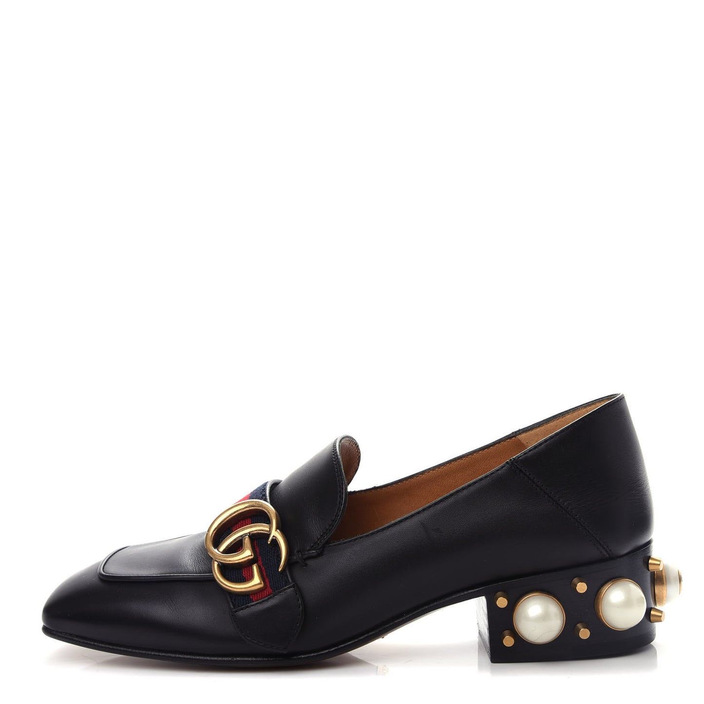 Betis Glamour Calfskin Web Pearl Embellished Peyton 35mm Loafer Pumps 36 Black