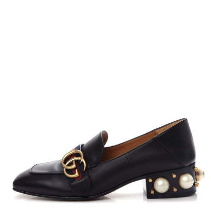 Gucci Betis Glamour Calfskin Web Pearl Embellished Peyton 35mm Loafer Pumps 36 Black 1 of 11