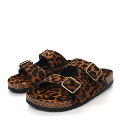 Saint Laurent Pony Hair Leopard Print Buckle Sandal Slides 36 Brown Coffee 3 of 8