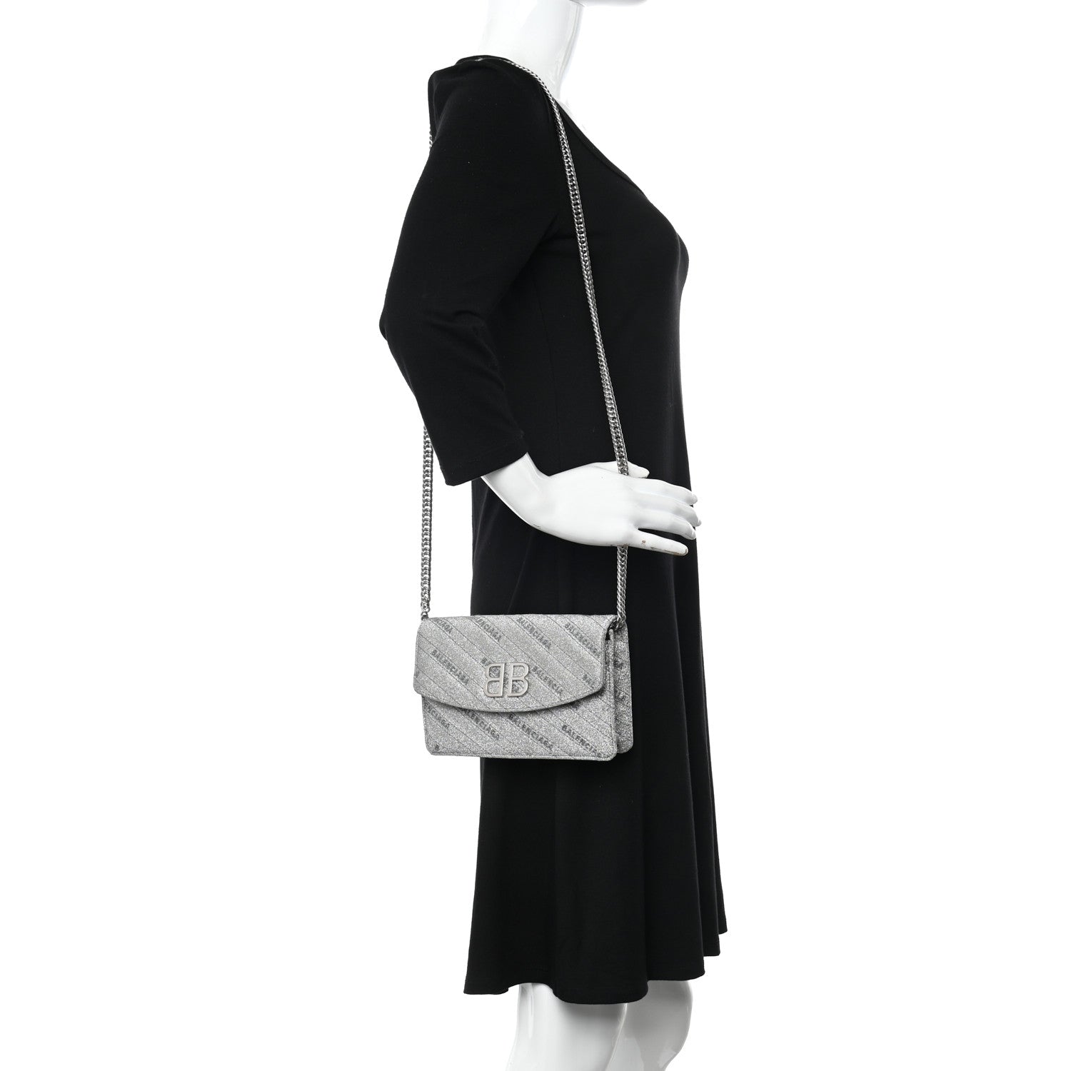 Balenciaga Glitter Logo Matelasse BB Wallet On Chain Silver 2 of 9