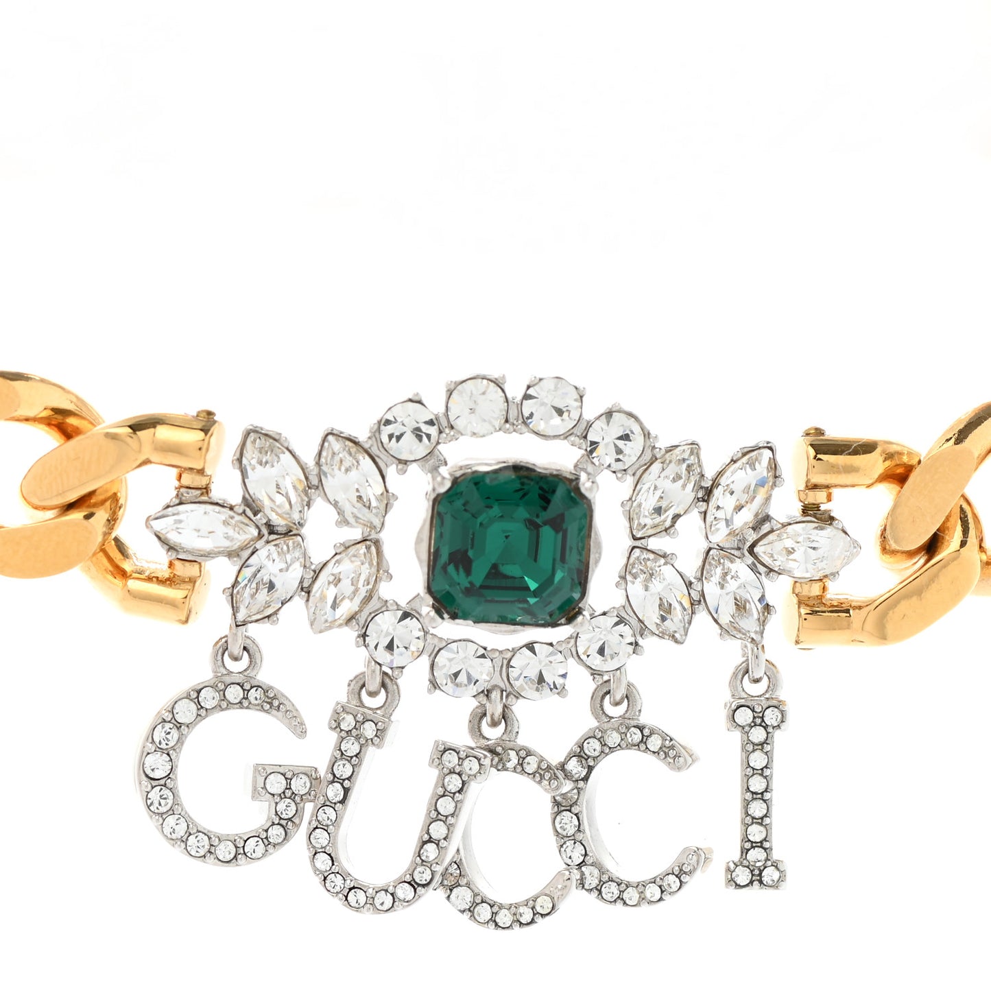 Crystals Gucci Script Choker Necklace Gold Green