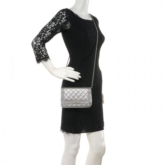 Metallic Calfskin Quilted Boy Wallet On Chain WOC Silver
