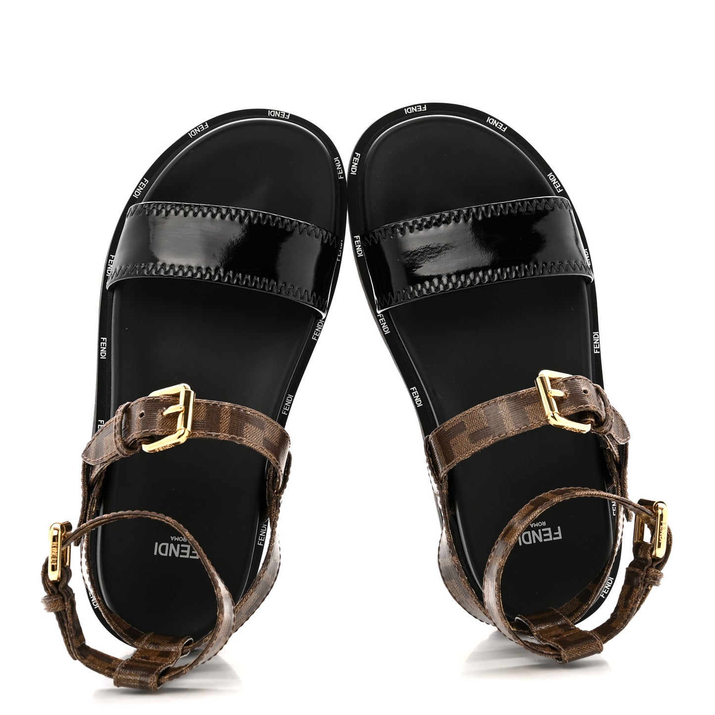 Vernice High-Tech Glazed Fabric FF Lug Sole Platform Sandals 39 Black Tobacco Moro