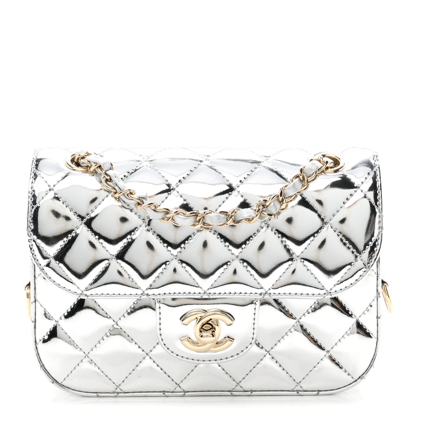 Mirror Calfskin Metallic Calfskin Quilted Hollywood Boulevard Mini Flap With Star Coin Purse Silver