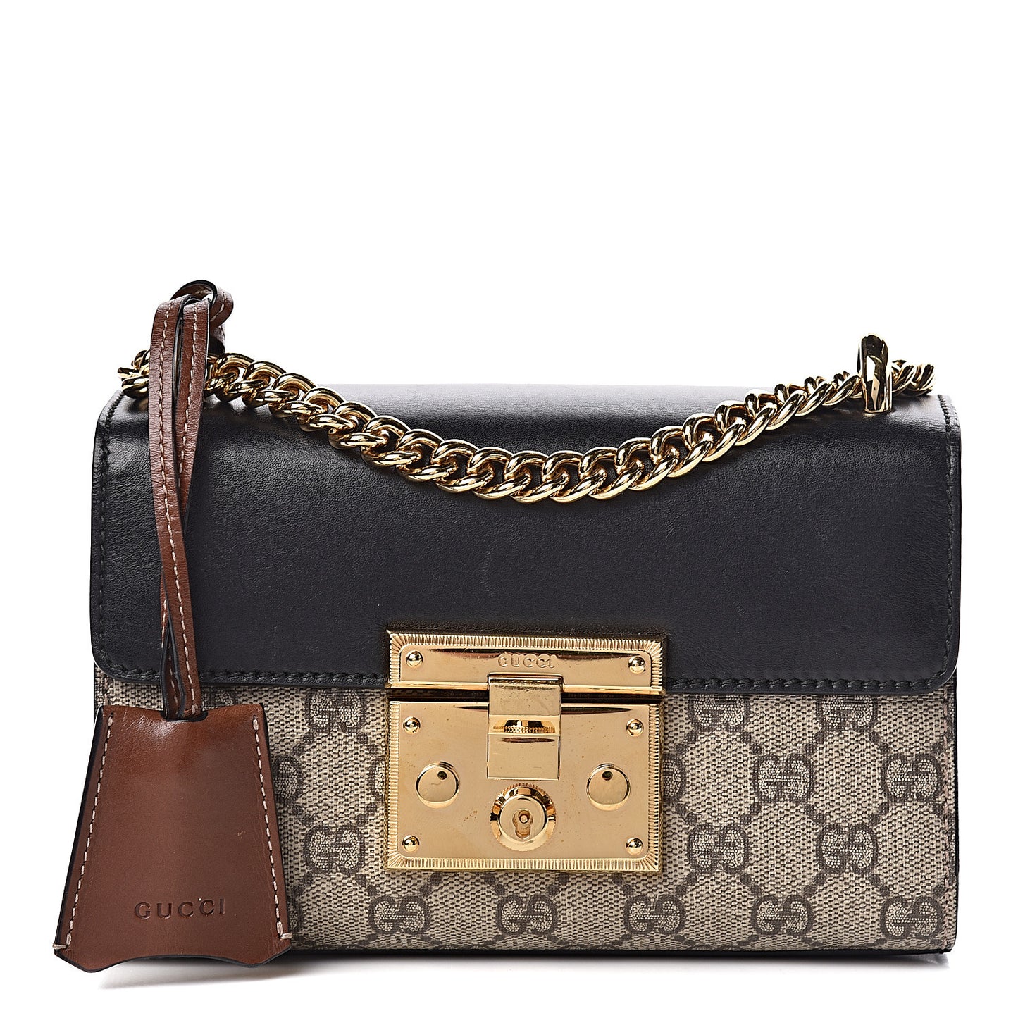 GG Supreme Monogram Calfskin Small Padlock Shoulder Bag Beige Black Cuir