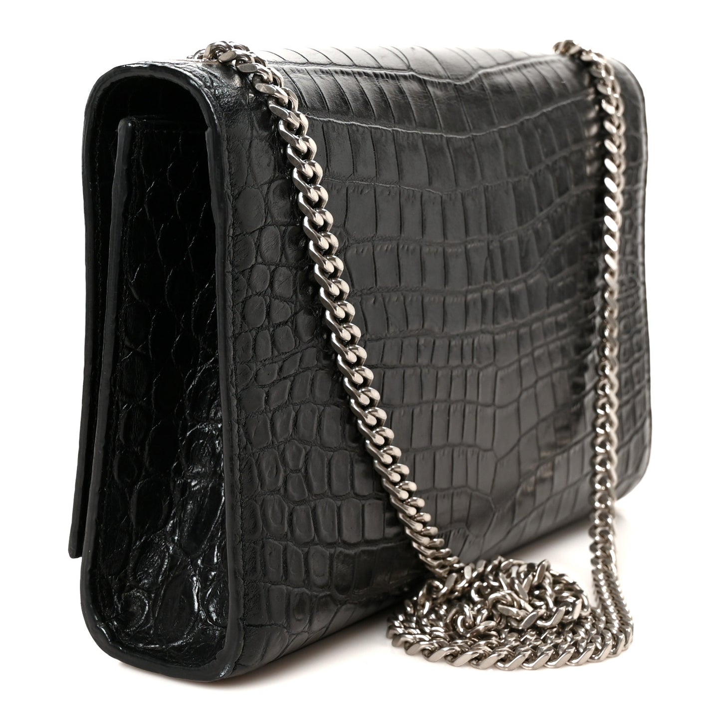 Calfskin Crocodile Embossed Medium Classic Monogram Kate Tassel Satchel Black