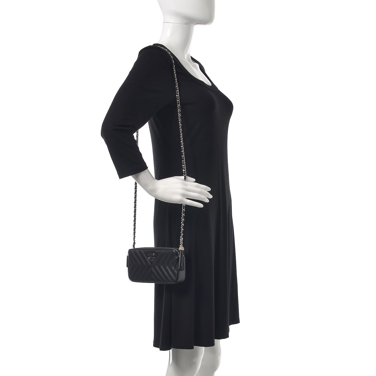 Chanel Calfskin Chevron Quilted Tassel Clutch With Chain Black 2 of 10