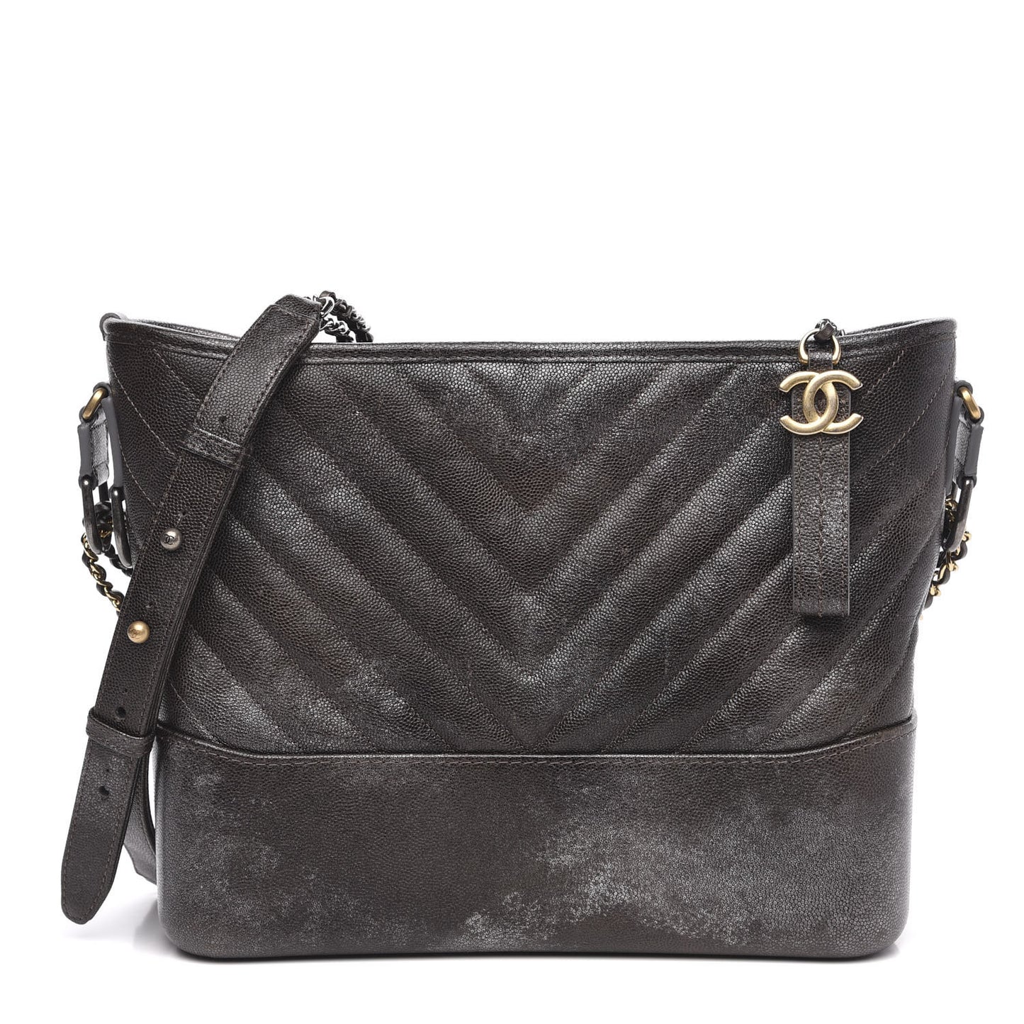 Metallic Caviar Chevron Quilted Medium Gabrielle Hobo Dark Silver Gold
