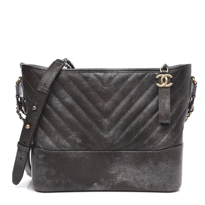 Chanel Metallic Caviar Chevron Quilted Medium Gabrielle Hobo Dark Silver Gold 1 of 11
