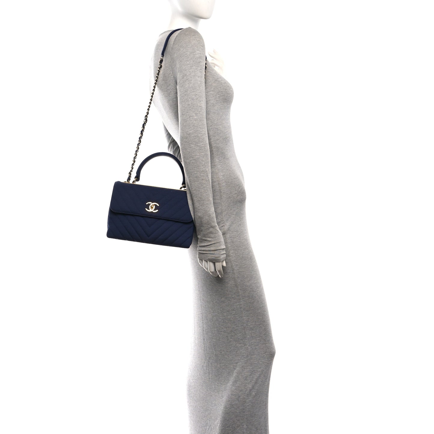 Jersey Chevron Quilted Small Trendy CC Dual Handle Flap Bag Navy Blue