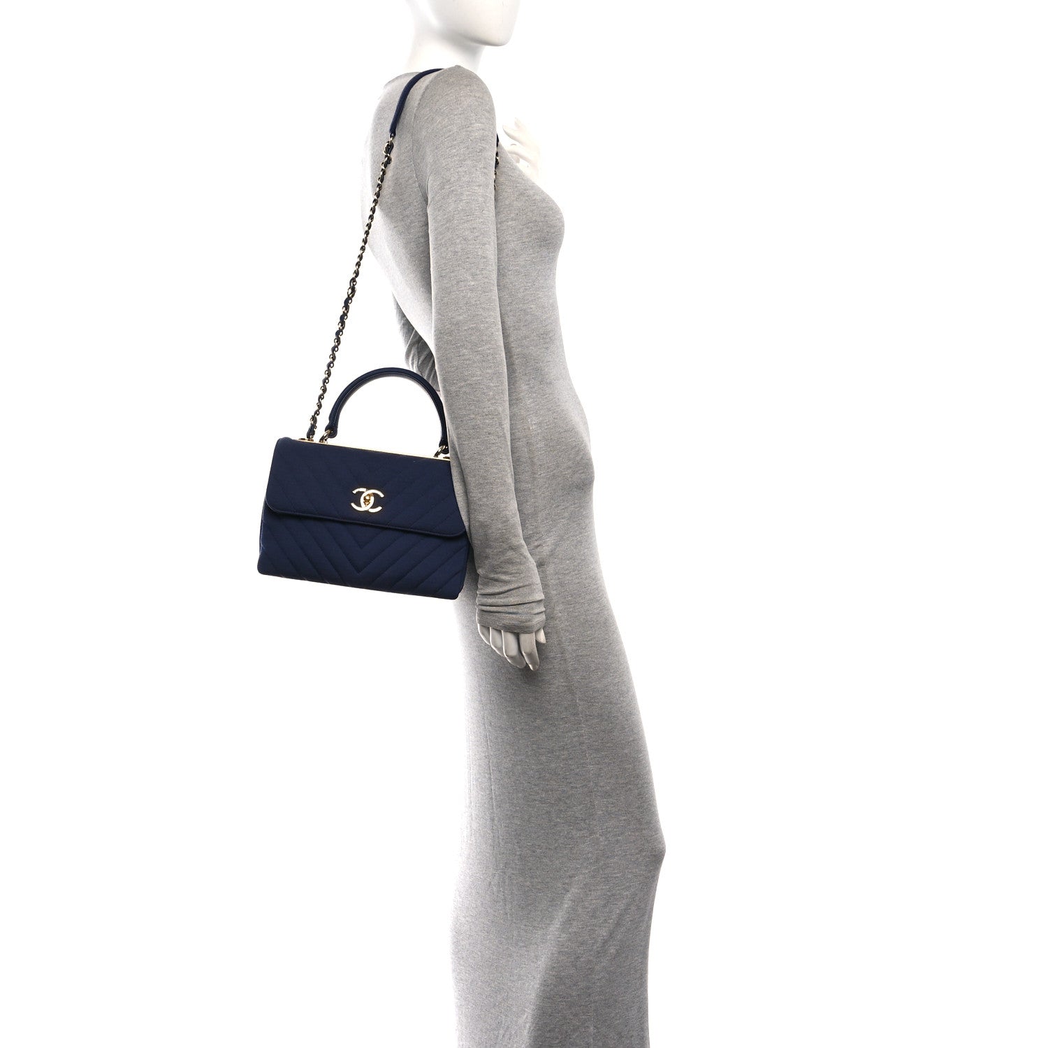 Chanel Jersey Chevron Quilted Small Trendy CC Dual Handle Flap Bag Navy Blue 2 of 15