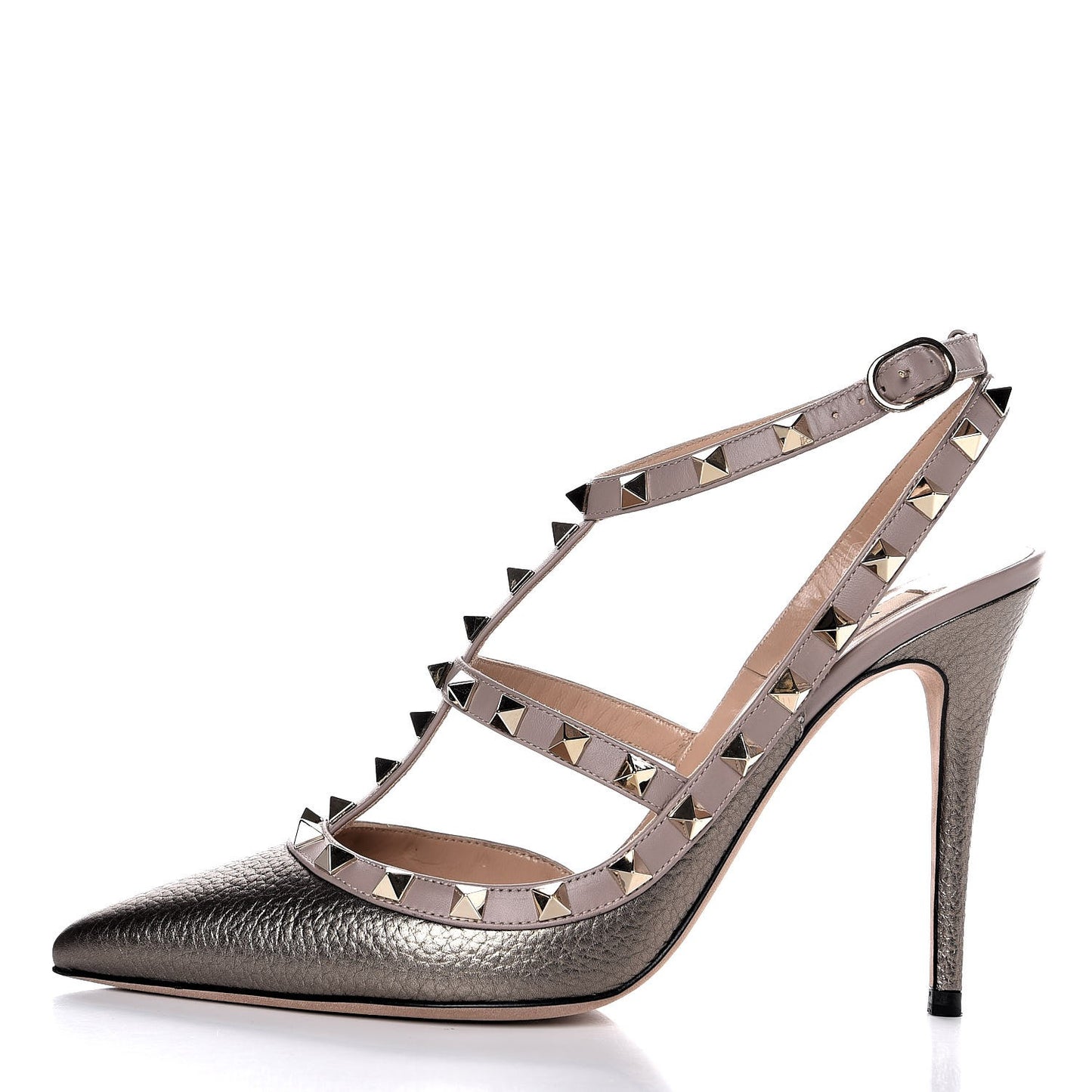 Metallic Pebbled Calfskin Rockstud Ankle Strap 100mm Pumps 39.5 Sasso Poudre
