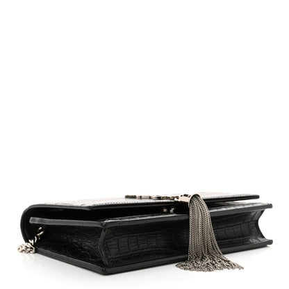 Saint Laurent Calfskin Crocodile Embossed Kate Monogram Tassel Chain Wallet Black 4 of 13