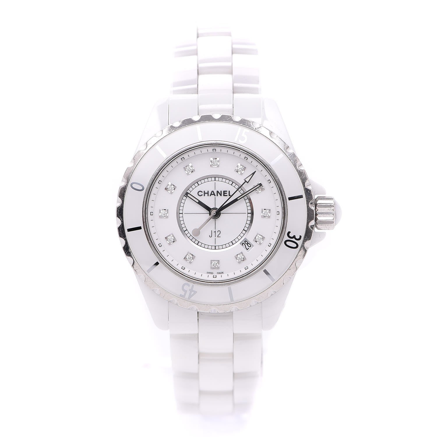 Chanel Stainless Steel Ceramic Diamond 33mm J12 Quartz Watch White 1 of 6