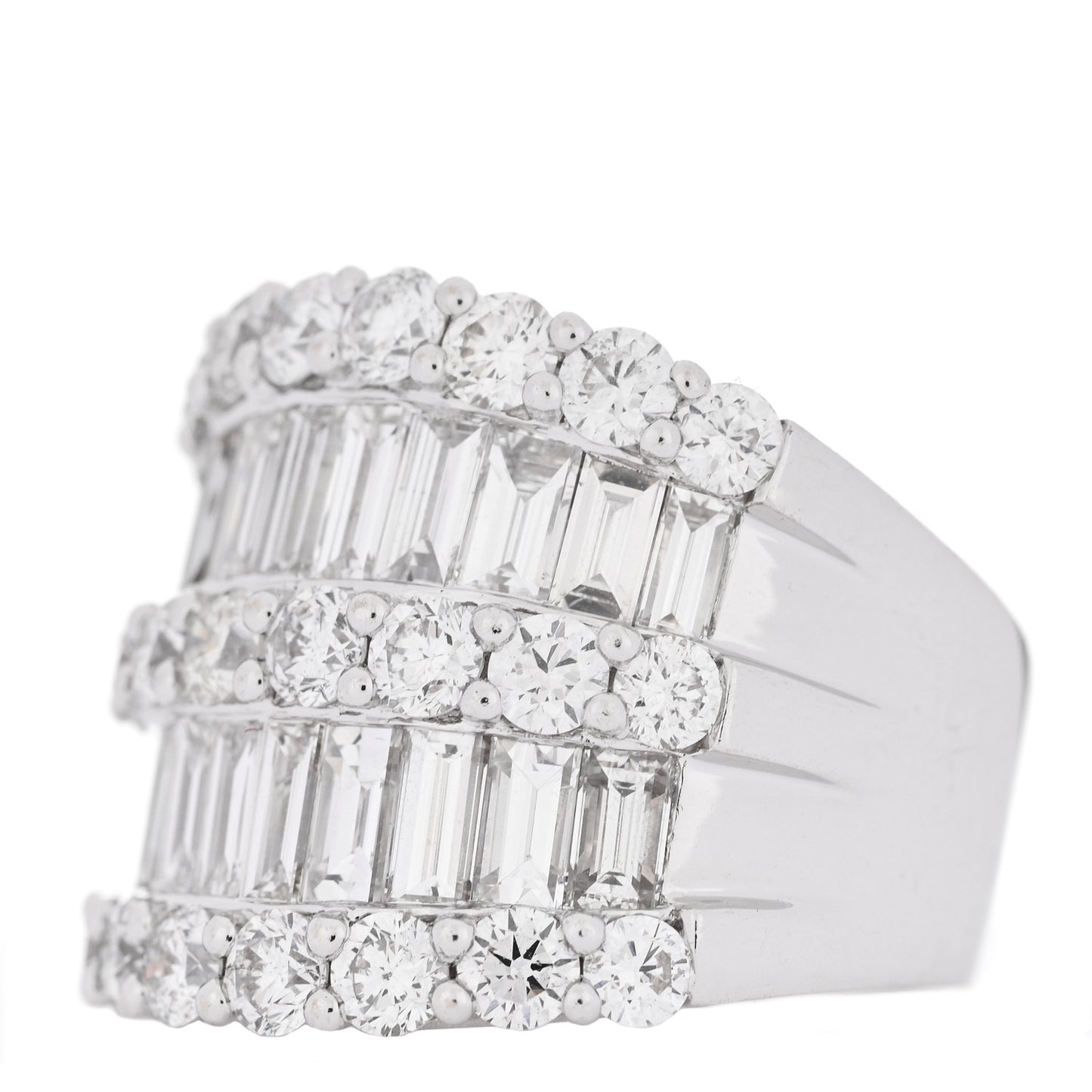 18K White Gold Diamond 4.12ctw Round Baguette Cut Five Row Band Ring 53 6.5