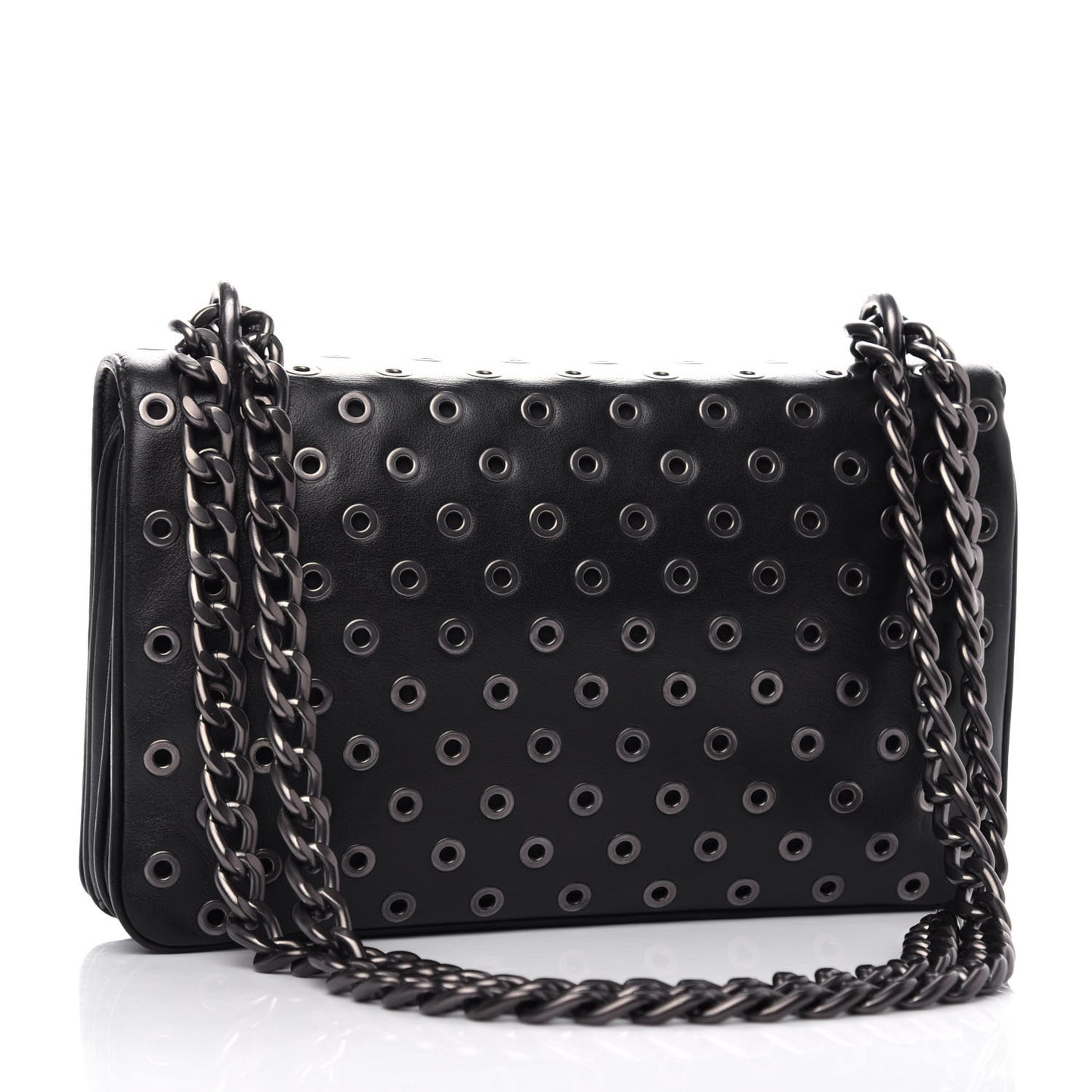 Soft Calf Grommet Lock Flap Chain Shoulder Bag Black