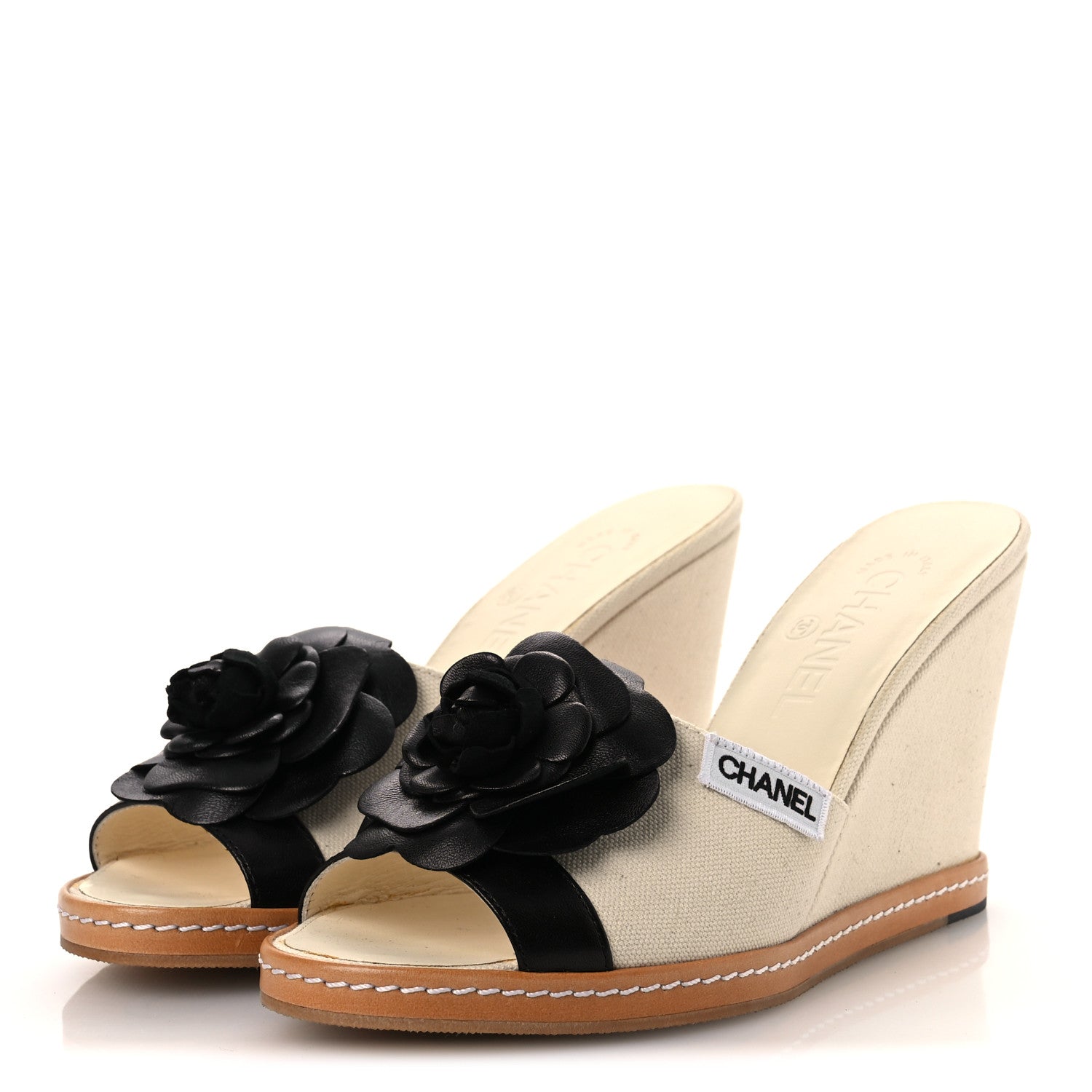 Chanel Canvas Camellia Wedge Sandals 38.5 Off White 38.5 Off White 4 of 12