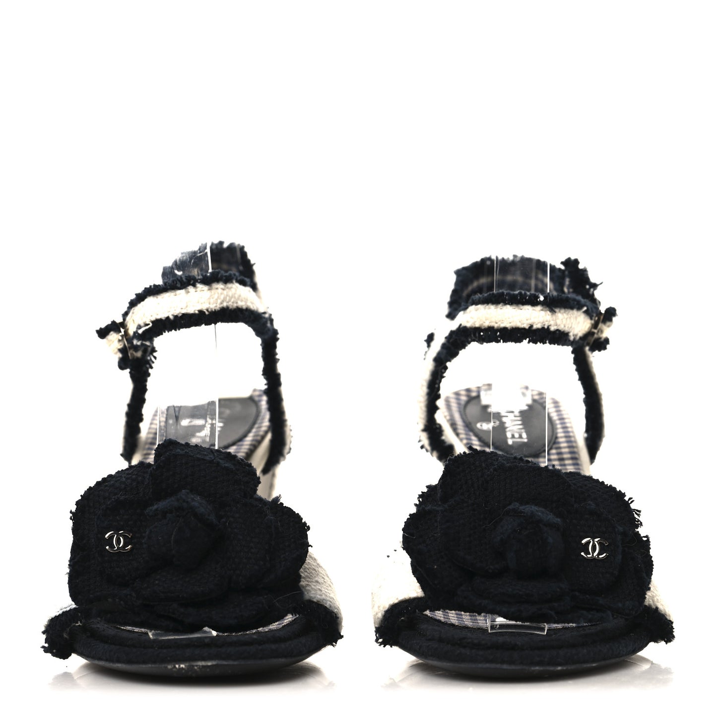 Tweed Camelia CC Block Heel Sandals 38 Ecru Black