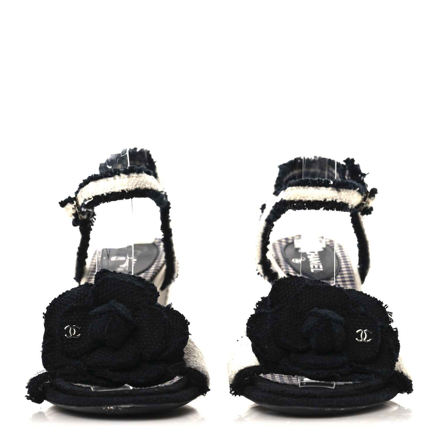 Chanel Tweed Camelia CC Block Heel Sandals 38 Ecru Black 3 of 9